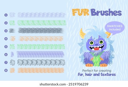 Fur brushes collection. isolated artistic strokes on background. Vector textured hand drawn brushes set for creating fur, hair, fluffy creatures. Swatches included. Design kit with discrete brushes.