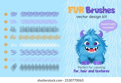 Fur brushes collection. Isolated textures strokes. Vector hand drawn brushes set for creating fur, hair, fluffy creatures. Swatches included. Editable size and color. Design kit with scatter brushes.