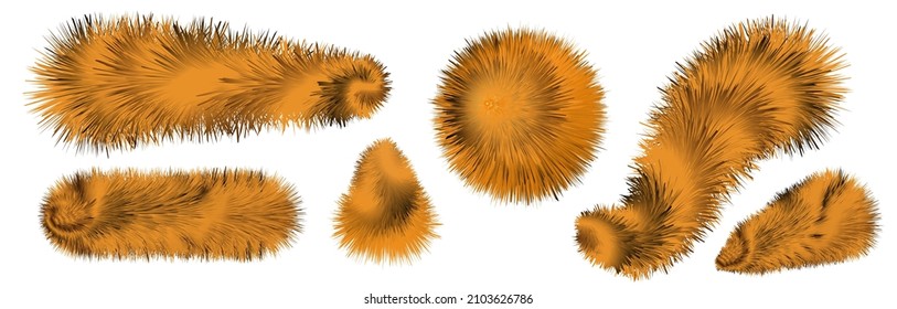 Fur brushes,  pompoms and ball, fuzzy hair texture. striped orange and black tiger and for fluffy fuzzy fur. isolated objects, vector illustration