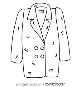 Fur coat, double-breasted, outerwear. Contour drawing, line black, flat vector, eps10