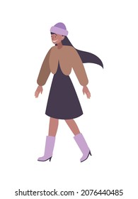 Fur coat flat composition with walking female character wearing purple hat and brown fur coat vector illustration