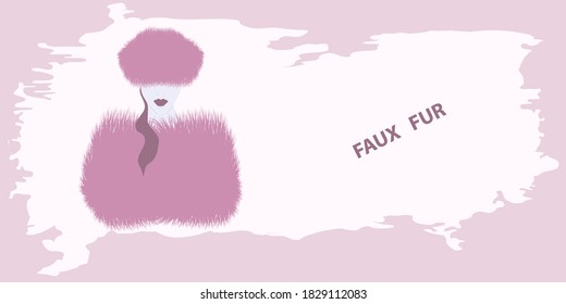 Fur coat and a hat with a long pile, the image of a woman - abstract pink background - vector. Fashion beauty. Artificial fur