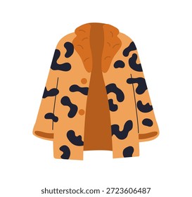 Pelzmantel mit Leopardendruck. Warme Winterbekleidung mit Pelzkragen, Tiermuster. Kurze Jacke im schicken Modestil. Saisonkleidung. Flache Vektorgrafik einzeln auf weißem Hintergrund