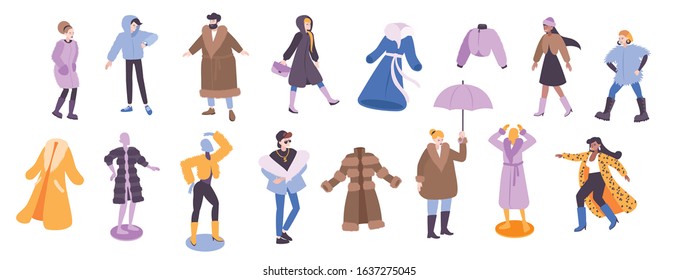 Fur coat set with man and woman fashion flat isolated vector illustration