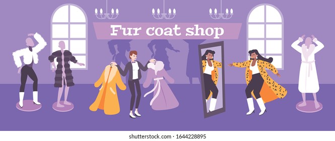 Fur coat shop background with fashion symbols flat vector illustration
