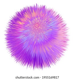 Fur colorful pompom. Fluffy  ball  with furry texture. Rainbow colors, pink and purple. Isolated object on white background. Vector illustration