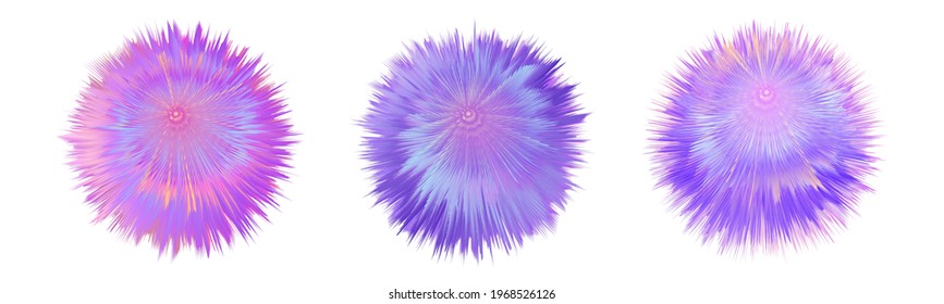 Fur colorful pompoms. Fluffy  ball  with furry texture. Rainbow holographic colors, pink and purple. Set off isolated objects on white background. Vector illustration