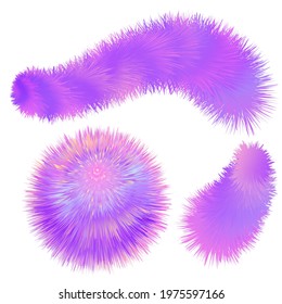 Fur colorful pompoms. Fluffy  ball  with furry texture. Rainbow holographic colors, pink and purple. Set off isolated objects on white background. Vector illustration