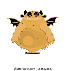 Fur confident monster with wings isolated on white. Vector mascot halloween, goofy confident and angry expression, toy bigfoot illustration