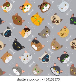 Fur cute different color cats pattern vector background