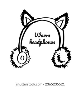 Fur earmuffs with cat ears. Warm headphones. Doodle outline fashionable outwear clothes for cozy fall or winter poster, market, online shop, season sale designs.