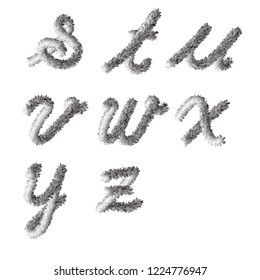 Fur flower art 3d style black and white abc letter alphabet set vector illustration.   