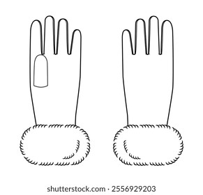 Fur Gloves Wrist Above length Fashion hand accessory clothing technical illustration garment. Vector front palm back view for Men, women style flat template CAD mockup sketch on white background