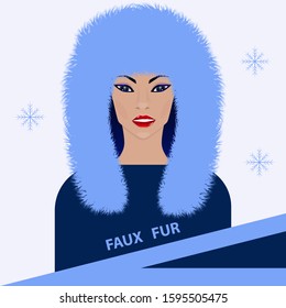 Fur hat with earflaps - beautiful asian girl - vector. Salon of fur clothes. Winter outfit. Fashionable Faux Fur.