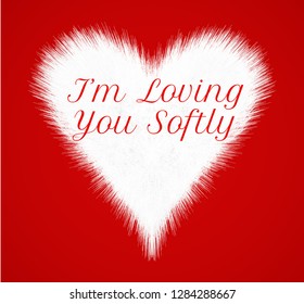 Fur heart vector illustration (creative fluffy love symbol). Soft white hart shape on red background. Useful for valentine card, romantic picture