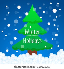  Fur Holiday Tree in winter. Snowflakes Winter Happy Poster Concept