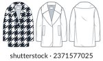 Fur Jacket technical fashion Illustration, houndstooth design. Oversize Fur Coat fashion flat technical drawing template, pockets, front and back view, white, women, men, unisex CAD mockup set.