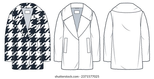 Fur Jacket technical fashion Illustration, houndstooth design. Oversize Fur Coat fashion flat technical drawing template, pockets, front and back view, white, women, men, unisex CAD mockup set.