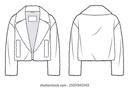 Fur Jacket technical fashion Illustration. Winter Coat fashion flat technical drawing template, pockets, front and back view, white, women, men, unisex CAD mockup.