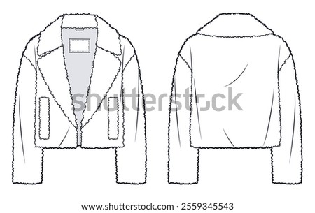 Fur Jacket technical fashion Illustration. Winter Coat fashion flat technical drawing template, pockets, front and back view, white, women, men, unisex CAD mockup.
