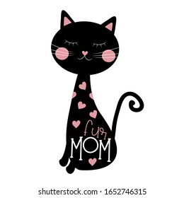 Fur mom text with cute black cat, with hearts. Good for poster banner, textile print and gift design.