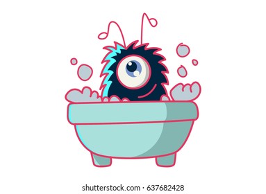 Fur Monster taking a bath. Vector Illustration. Isolated on white background.