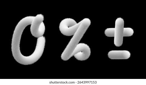 Número quatro 3d definido, 0 por cento, sinal de mais menos. Alfabeto branco de dígito fuzzy com cabelo de animal, fonte de Natal fofa. Pena peluda sentida em preto bg, texturizado macio tipo isolado de redonda pompon de lã.