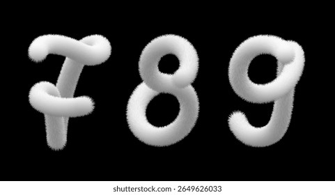 Fur number 3d set. Fuzzy digit 7, 8 and 9. White alphabet with animal hair, fluffy christmas font. Furry feather felt on black bg, soft textured isolated symbols of round woolen pompon. Winter textile