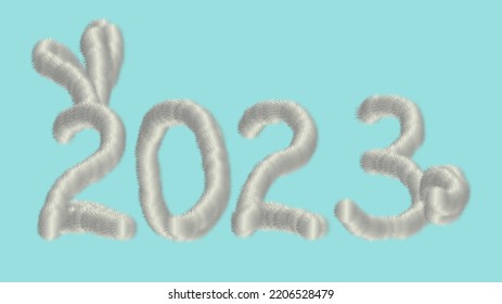 Fur numbers 2023 with rabbit ears and fluffy tail. Numbers 2023 from fur. Year of the rabbit.