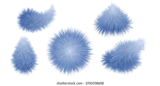 Fur pompom and feathers. Fluffy furry poms, blue color. Set of isolated elements. Vector illustrations 