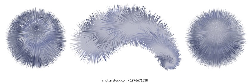 Fur pompoms and balls isolated. Furry realistic shaggy texture. Smoke blue and gray colorful pompons on white background. Vector illustration