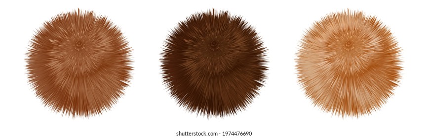 Fur pompoms. Brown and beige fluffy furry balls, set of realistic 3d objects isolated on white background.   Shaggy downy texture. Vector illustration