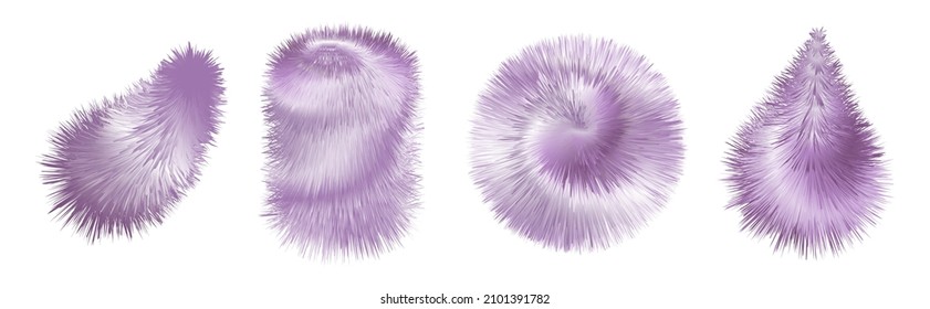 Fur pompoms, fuzzy fluffy texture. Ball, brush, feather, furry  shapes isolated, purple colorful 3d objects. Vector illustration.