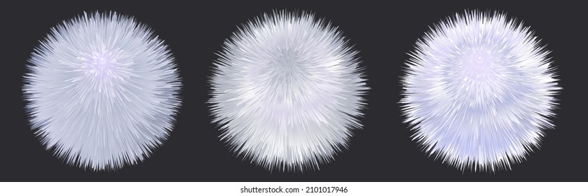 Fur pompoms, white fluffy balls. Winter furry texture, 3d poms isolated.  Vector illustration