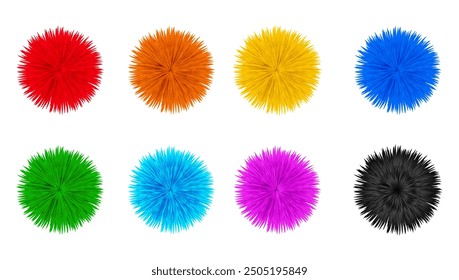 Fur pompons. Fluffy balls, wool furry pompon fuzzy sphere soft pom poms ball hairy knit pompom colorful fuzz toy set 3d realistic vector illustration original artwork