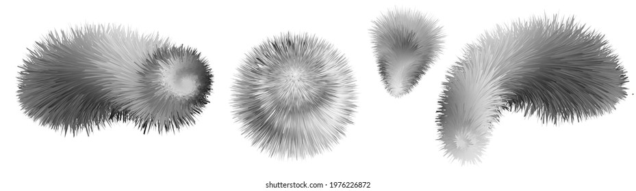 Fur pompons and shapes. Gray and white racoon furry texture.  Shaggy fluffy 3d objects isolated. Vector illustration 