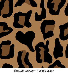 Fur print, leopard skin pattern with a heart. Hand-drawn. Seamless pattern, vector illustration.
