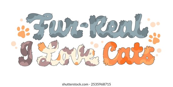 Piel Real, Me Encantan Los Gatos. Tipografía acogedora inspirada en gatos, con letras esponjosas con colores suaves y Elementos dibujados a mano. El diseño lúdico incorpora Elementos y puntos similares a patas. Para proyectos que aman a las mascotas