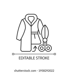 Fur repair and alterations linear icon. Workshop to fix coat length. Professional tailor studio. Thin line customizable illustration. Contour symbol. Vector isolated outline drawing. Editable stroke