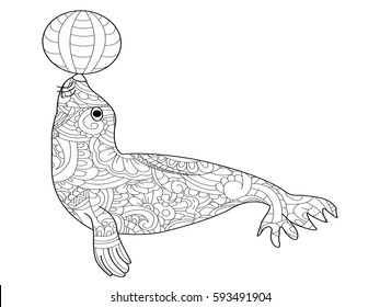 Fur seal with ball book for adults vector illustration. Anti-stress coloring for adult. Zentangle style. Black and white lines. Lace pattern