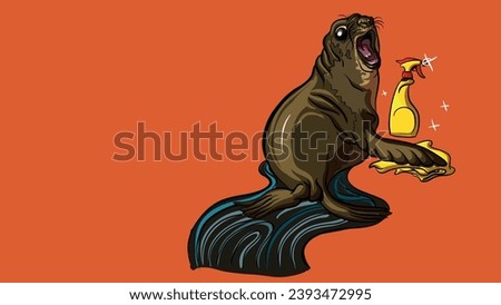 Fur seal is cleaning with a spray and a rag. Hint to the Edvard Munch's picture 'The Scream'	