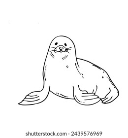 Fur seal in doodle style isolated on background.Hand drawn sea lion or seal.Front view.Vector illustration.