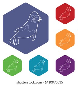 Fur seal icons vector colorful hexahedron set collection isolated on white