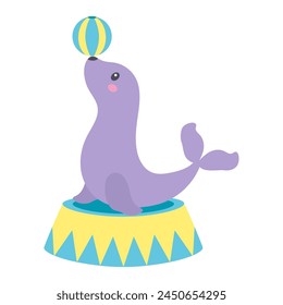 fur seal on circus stand with ball, vector illustration of seal animal, cartoon flat style