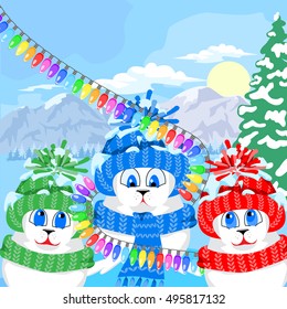 Fur seal pups in colorful hats on a background of a winter landscape. The celebration of Christmas and New Year. Arctic animals character and background, Winter Landscape, Nature Travel Wildlife.