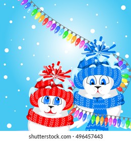 Fur seal pups in colorful hats on a background of a winter landscape. The celebration of Christmas and New Year. Arctic animals character and background, Winter Landscape, Nature Travel Wildlife.