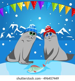 Fur seal pups in colorful hats on a background of a winter landscape. The celebration of Christmas and New Year.