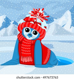 Fur seal pups in colorful hats on a background of a winter landscape. The celebration of Christmas and New Year.