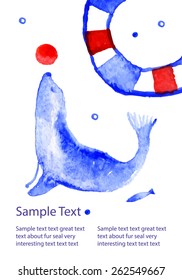 fur seal shows the trick. Watercolor fur-seal silhouette with fish, lifebuoy and ball. Funny Sea cats. Vector card template with blue fur seal. Dolphinarium promotion card design.