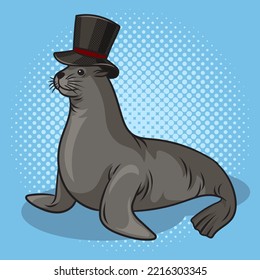 Fur Seal In Top Hat Pinup Pop Art Retro Vector Illustration. Comic Book Style Imitation.